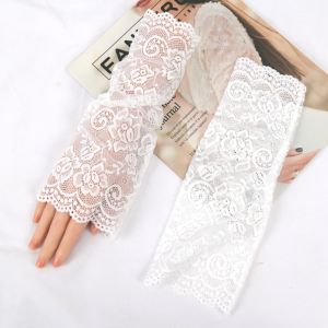 1Pair Women Summer Short Lace Flowers Arm Sleeves Elastic Driving Gloves Elegant Black White Fingerless Mittens