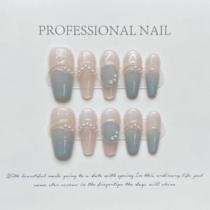 HANDMADE Artificial Nail Snowflake Broken Diamond Crystal Haze Blue Phototpy Nails Reusable and Removable Nails