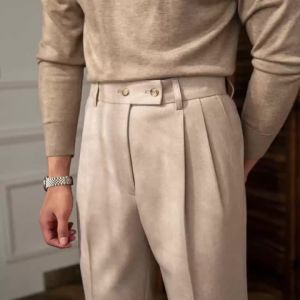 Mens Luxury Naples Slim-fit High Waist Dress Pants Fashion Solid Color British Retro Premium Elegant Woolen Leisure Trousers2026