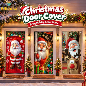 Allieuka Christmas Door Cover Decoration Cartoon Santa Claus Reindeer Hanging Banner Door Curtain Home Decor