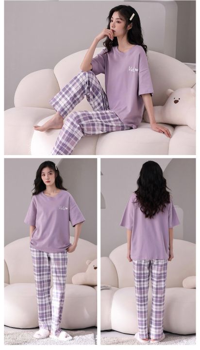 Knitted Cotton Comfortable Pajamas Set Cotton Pyjamas Short Sleeve Long