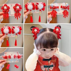 CHUAN Red Mascot Dragon Horn Red Hairpin Ancient Style Headwear Red Bow Hairpin Cute Velvet Tassel Bow Hairpin Girls
