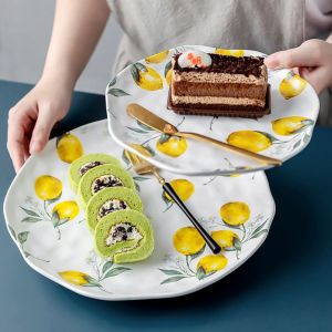 LIFE SHOPS Irregular Shape Ceramic Dinner Plate Stackable Nordic Style Steak Food Plate Main Dish Lemon Pattern Dessert Cake Plate Home Restaurant
