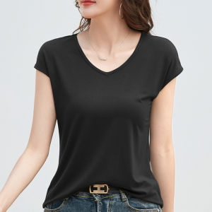 Women Short Sleeves V-neck T-shirt Solid Tee Modal Tops Bottoming Shirt
