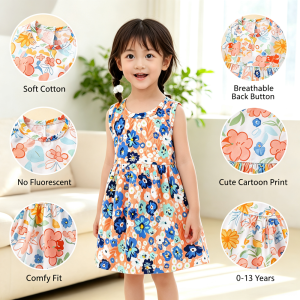 AILEBE Kids Dress For Girls Soft Sleeveless Dress With Funny Cartoon Print Back Button Easy On Off No Fluorescent Safe For Baby Widened Hanging Line Comfy Fit Cute OOTD Pambahay Pang Gala Ternos For Kids 0-4 Years Soft