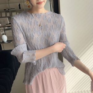 Miyake cao cấp xếp li Crochet thoải mái thường ngày đa năng T-Shirt #11164