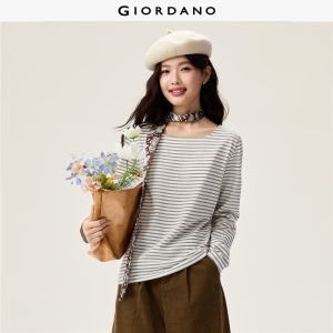 Giordano Beau Monde Women 100% cotton striped square neck long sleeve tee Free Shipping 13326620