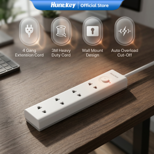 Huntkey SZV551 4-Gang Extension Cord 2500W Auto Overload Cut-Off 3M Heavy Duty Power Strip with Universal Socket