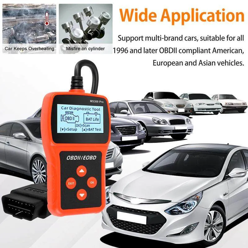 Car OBD2 Scanner Engine Fault Code Reader Handheld Diagnostic OBD2 Scan  Tool Battery Diagnosis Engine Tester Analyzer MS309 PRO