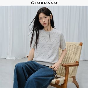 Giordano Women Openwork knit crewneck short sleeve knitwear Free Shipping 18356809