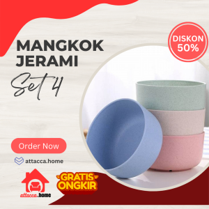 Mangkok Set 4 in 1 Jerami Tebal Murah Tempat Makan Bayi Sup Bakso Sayur Lengkap Cuci Gudang Cantik Unik Tahan Panas Plastik