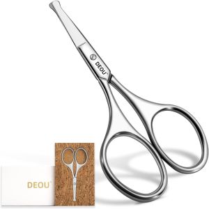 DEOU Silver Stainless Steel Round Nose Safety Scissors - Compact Facial Hair Trimming Tool for Mens Nose Eyelashes Eyebrows Beard & Pet Grooming