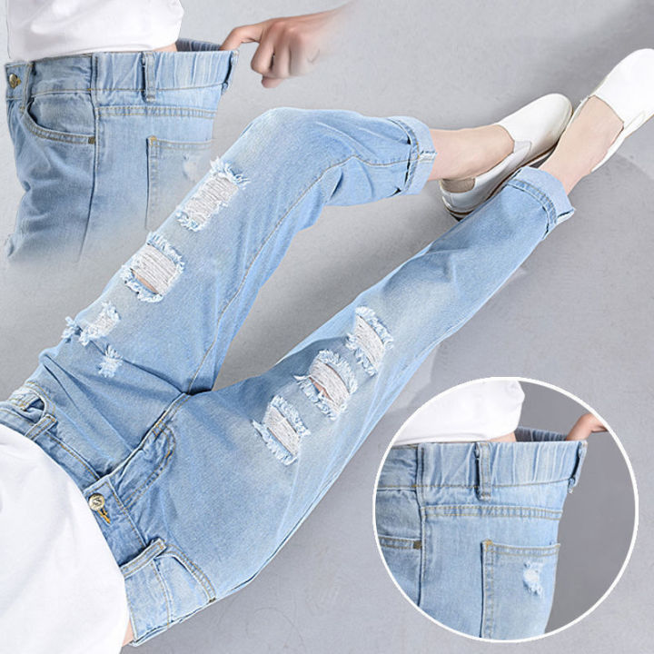 Women Jeans Summer Ripped Design Elastic Waist Cropped Pants - Main Image