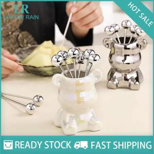 LF Wholesale✨Flash Sale ✨ 6pcs Stainless Steel Dessert Forks With Storage Jar Cute Bear Utensils For Party Tasting Dessert Fruit Pickle Fruit Salad