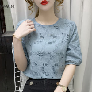 Áo Voan Tay Ngắn Cổ Tròn Thêu Móc Khoét Lỗ Thiết Kế Cá Tính Phong Cách Mới Mùa Hè 2021 Áo Cánh Thời Trang Đơn Giản Tay Phồng Cho Nữ