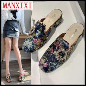 MANXIXI Brand Korean Version High Heels 1.57 Inches Slippers Fashion Mules Shoes Beautiful Flowers Pattern Sandals For Women (35-39 Size)