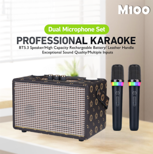M100 Portable High Power Bluetooth Speaker Super Bass Sound Effect Leather Hook with Double Wireless Microphone