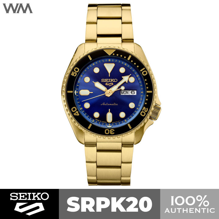 Seiko Sports Gold Finish Blue Dial Black Bezel Stainless Steel