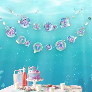 Little Mermaid Happy Birthday Banner Mermaid Happy Birthday Garland Ocean Theme Party Decorations Under The Sea Birthday Banner Mermaid Bubble Birthday Banner for Girls Beach Party Decorations