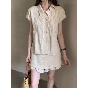 2026 New Summer Women Retro Lapel Single-breasted Shirt Top & High Waist A-line Skort Two Piece Outfit