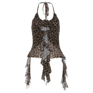 เสื้อครอปผ้าตาข่าย มีสายผูกคล้องคอ มีซับใน แต่งระบายคอและชายเสื้อ แถม! เข็มกลัดดอกไม้ ชุดปีใหม่ เสื้อคริสต์มาส #0225