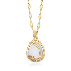 Titanium Steel Tulip Necklace Womens Cats Eye Stone Pendant Fashion Clavicle Chain Elegant Choker Jewelry Factory Direct Gift