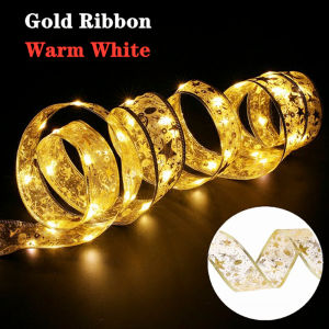 NUVOX Christmas Ribbon Lights4M Gold Fairy Led String Lights for Xmas TreeDouble Layer Copper Wire Ribbon Bows for Christmas Party Weddings New Year Indoor Outdoor Hanging Decoration
