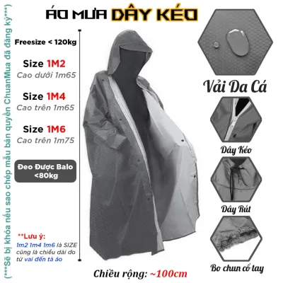 Áo Mưa Khóa Kéo 1 Người Lớn Kín Người Bín Hông Áo Mưa Măng Tô Nam Nữ Vải Tổ Ong Cao Cấp ( Tay Bo Chún Dây Rút Cổ Áo Đeo Được Balo Big Size 120kg...)