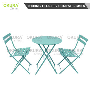 OKURA Folding Outdoor Metal Patio Furniture Table Set 1 Round Table + 2 Chairs / Garden Set / Meja + Kerusi Taman