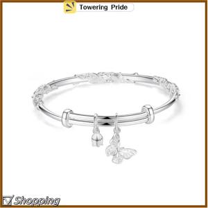 [Towering Pride] Chinese Style Floral Butterfly Push Pull Adjustable Bangle Heart Shaped Bamboo Link Flower Bud Opening Bracelet Fashion Jewelry