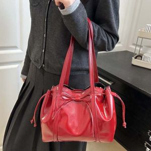 JVKISX Solid Color Texture Tote Bag ic Button Ribbon Bow PU Shoulder Bag Portable Waterproof Lady Underarm Pouch Women