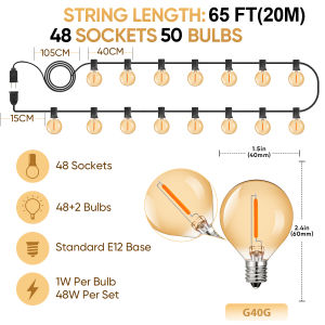 25FT/33FT/50FT Outdoor Waterproof Indoor/Outdoor Fairy Lights G40 Dimmable 2200K Connectable EU Plug Party Wedding Decor String Light