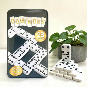 Hộp Domino 28 quân (Double Six) Nhựa Melamine Đặc Ruột – Nền Trắng Ngà Điểm Đen – Size 52mm Kèm Hộp Kim Loại [D52]