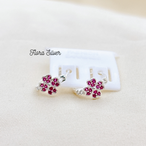 FLORA 0638B - Bông tai bạc ta hình cỏ bốn lá màu hồng trắng dành cho bé gái