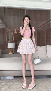 AMMIN กระโปรงดอกไม้2024สำหรับผู้หญิงกระโปรงบัลเล่ต์ทรงเอไลน์กันลื่นกระโปรงรอยจีบหรูหราสำหรับฤดูใบไม้ผลิ/ฤดูร้อน