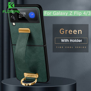 FLOVEME Luxury Leather Phone Case For Samsung Galaxy Z Flip 6 Z Flip 5 Flip 4 5G Wrist Strap Bracket Holder Soft Wristband Stand Back Cover For Galaxy Z Flip6 Z Flip 5 Flip 4