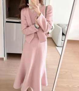 New High End Small Fragrance Womens Two Piece Set Celebrity Autumn Winter Tweed Long Sleeve Coat + A-line Midi Skirt Pink Suit