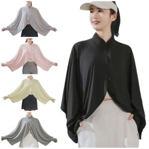 PRETTY Long Sleeve Summer Sunscreen Shawl Solid Color Breathable Ice Silk Cape Casual Quick Dry Thin Crop Top Outdoor