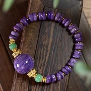 Natural Charoite Multi-gem Bracelet A-Grade Green Jadeite 925 Silver Gold-plated Chinese Style Bracelet for Women