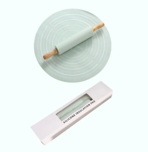 Silicone Pastry Mat & Silicone Rolling Pin Set Food Grade Non Slip Baking Mat with Wooden Handle for Pizza Dough Bread Cookies Dumplings Baking Tools