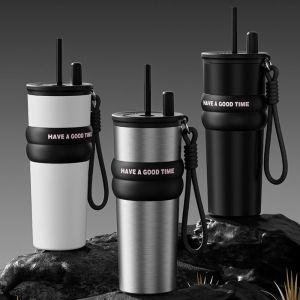 NEXASHOP 710มล. แก้วน้ำถ้วยแก้ว เหล็กไร้สนิม ความจุสูงมาก แก้วกาแฟถ้วย  พร้อมฝาฟาง ขวดน้ำน้ำ อุปกรณ์ตกแต่งรถยนต์สำหรับการเดินทาง