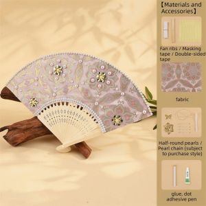 BNU0349 Butterfly Pearl Folding Fan Portable Traditional Floral Print Hand Fan Vintage DIY Craft Kit Handmade Fan Home Ornament