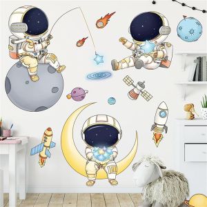 WAFT YEARN Removable Large Astronaut Universe Outer Space Planet Star Space Ship Wall Decal Large Removable Wall Sticker Decor for Nursery Classroom Bedroom Bathroom Boys Girls Room Playroom Colorful