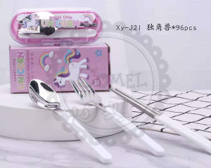 Comel Kids Princess Elsa Anna Unicorn Car Spiderman Doremon Meal Time Box Set Fork Spoon Chopstick