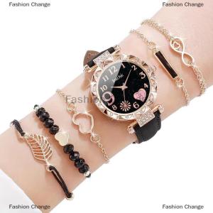 [COD] Fashion Change 6pcs set Womens Watch Casual Flower Quartz Watch PU Leather Wrist Watch Bracelets Combination Set Jewelry Gift For Women Girl