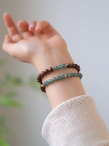 天然奇楠沉香手串女双圈叠戴翡翠手链蓝水冰种玉石新中式小众檀翠Natural Qinan agarwood bracelet womens double circle layered jade bracelet blue water ice jade new Chinese style niche sandalwood jade