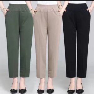 Mother pants ice silk middle-aged and elderly womens loose casual trousers high waist elastic womens pants Youth Athleisure Plus Size Lace Long Pants