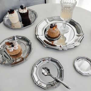 BAGUO(霸果) Silver Color Stainless Steel Cake Tray Round Shape Mirror Surface Dessert Plate Luxury Decorative Jewelry Display Tray Home Decoration