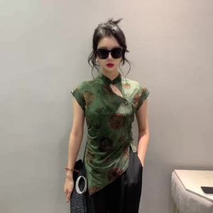 Ammin 2024 Trung Quốc Mùa Hè Phong cách đứng lên cổ áo thời trang cải tiến sườn xám khóa Jacquard không thường xuyên ngắn tay xẻ tà áo sơ mi cho phụ nữ cổ điển hoa Áo Blouse thanh lịch