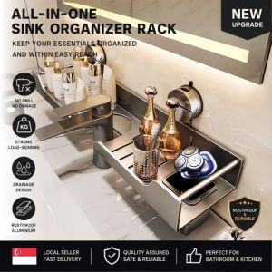 Gun Metal Faucet Organizer 50cm Suction Cup Bathroom Sink Storage Rack Detachable Washable Bathroom Counter Shelf